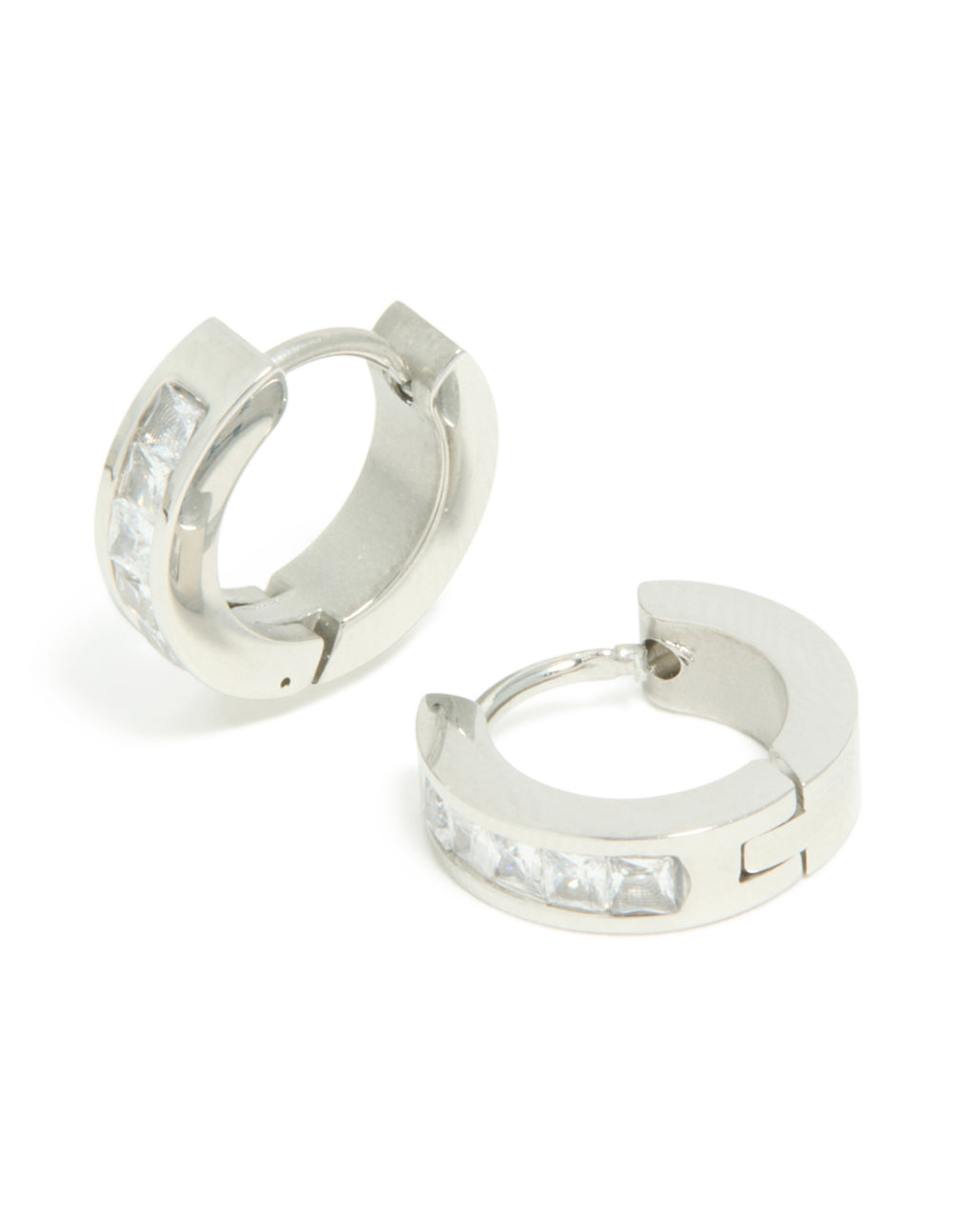 Crafted from mens waterproof stainless steel square cubic zirconia huggie earrings in silver front view