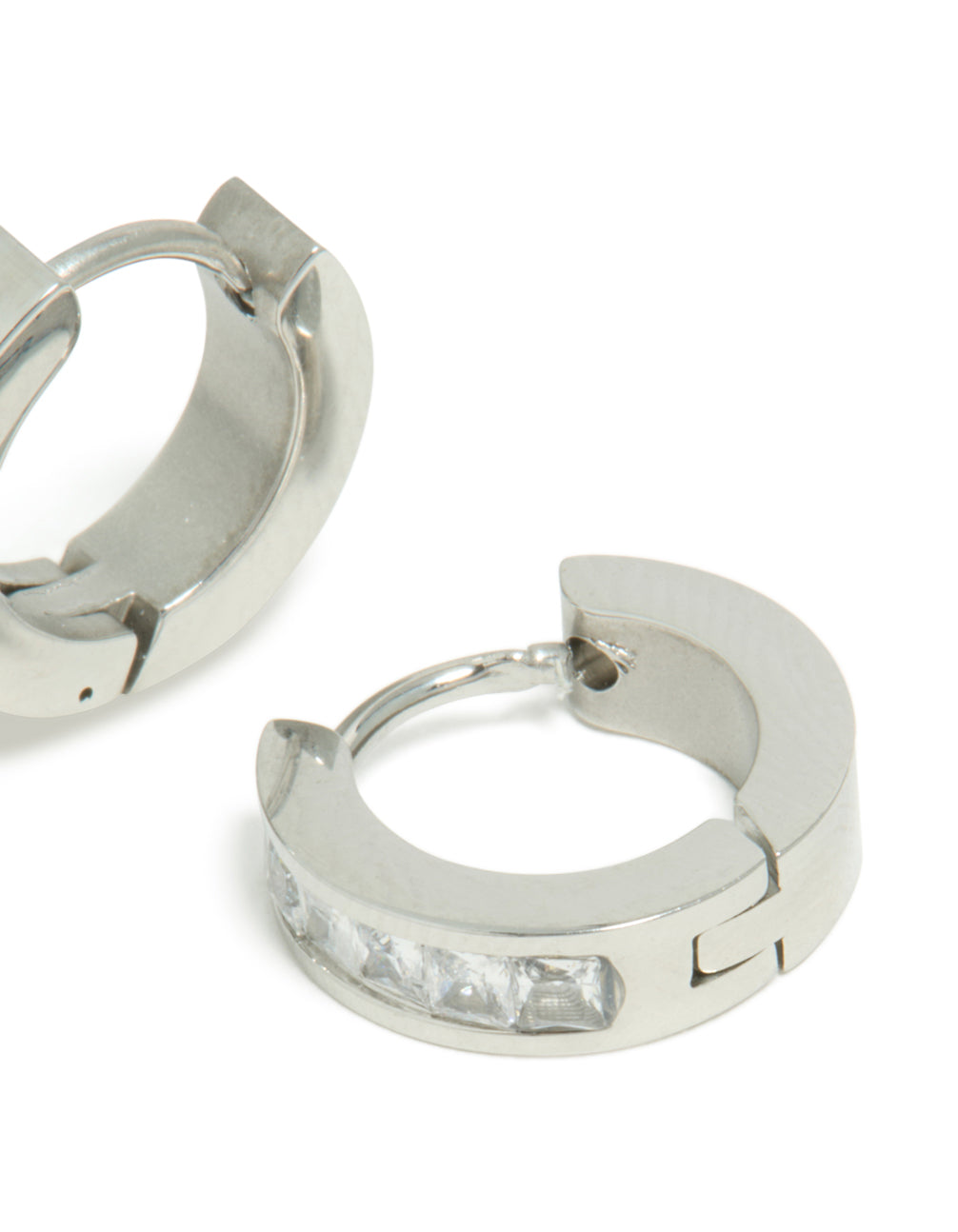 Highlighting mens waterproof stainless steel square cubic zirconia huggie earrings in silver post detail view