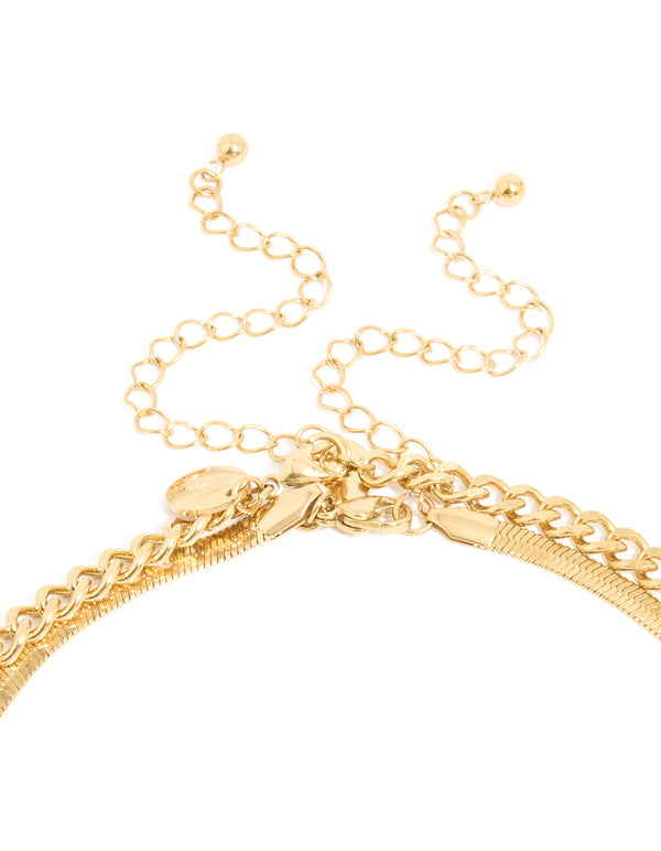 Mens Waterproof Gold Plated Stainless Steel Cross & Snake Chain Layered Necklace