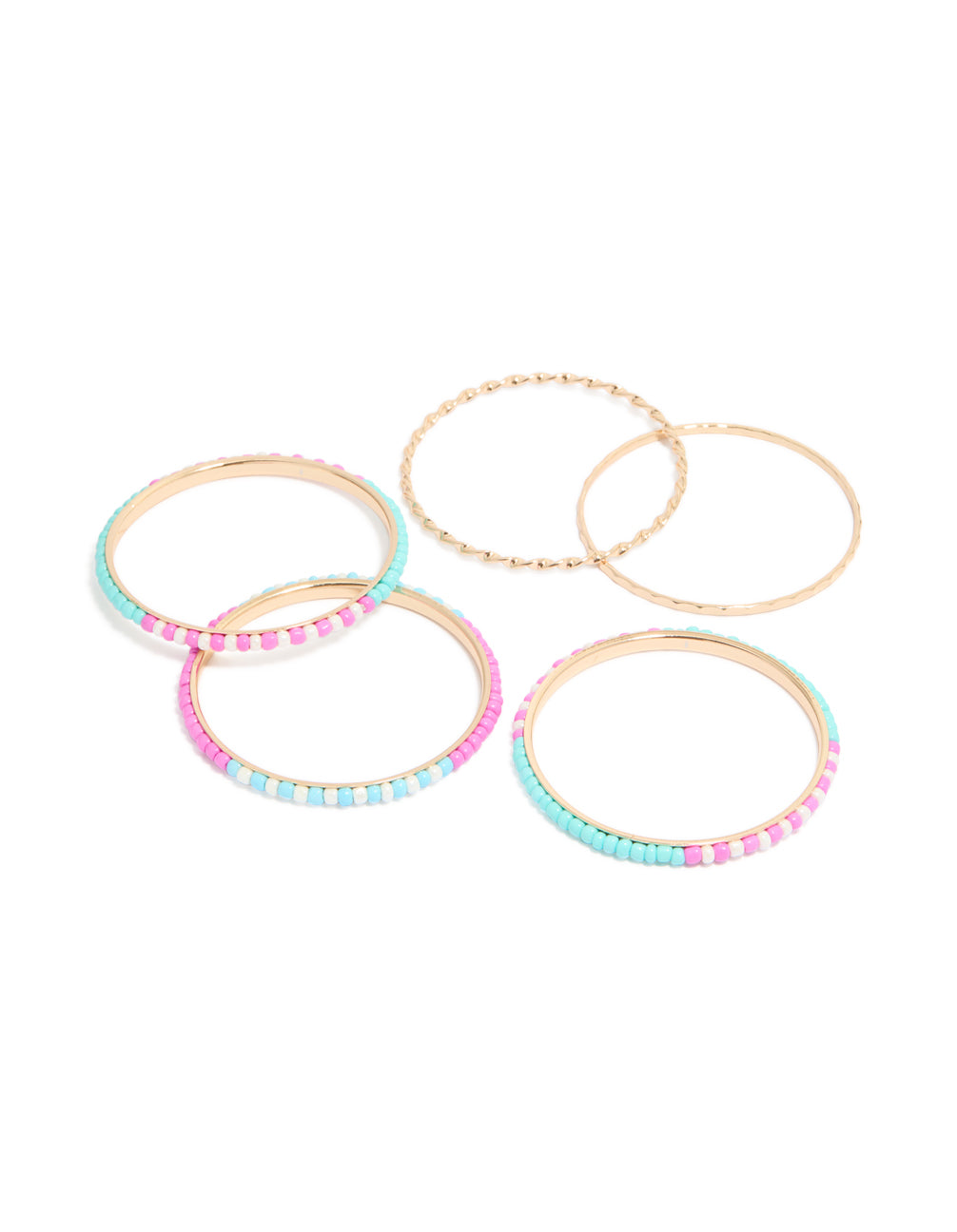 Gold Pink & Blue Beaded Bangles 5-Pack