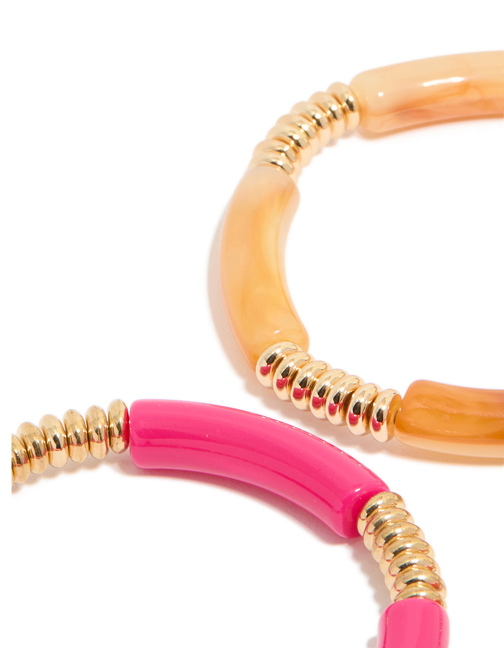 Showcasing brown and pink acrylic stretch bracelets in a 4-pack with gold accents close up view