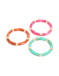 Worn Gold Pink & Turquoise Acrylic Stretch Link Bracelets 3-Pack - link has visual effect only