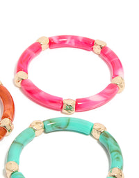 Worn Gold Pink & Turquoise Acrylic Stretch Link Bracelets 3-Pack - link has visual effect only
