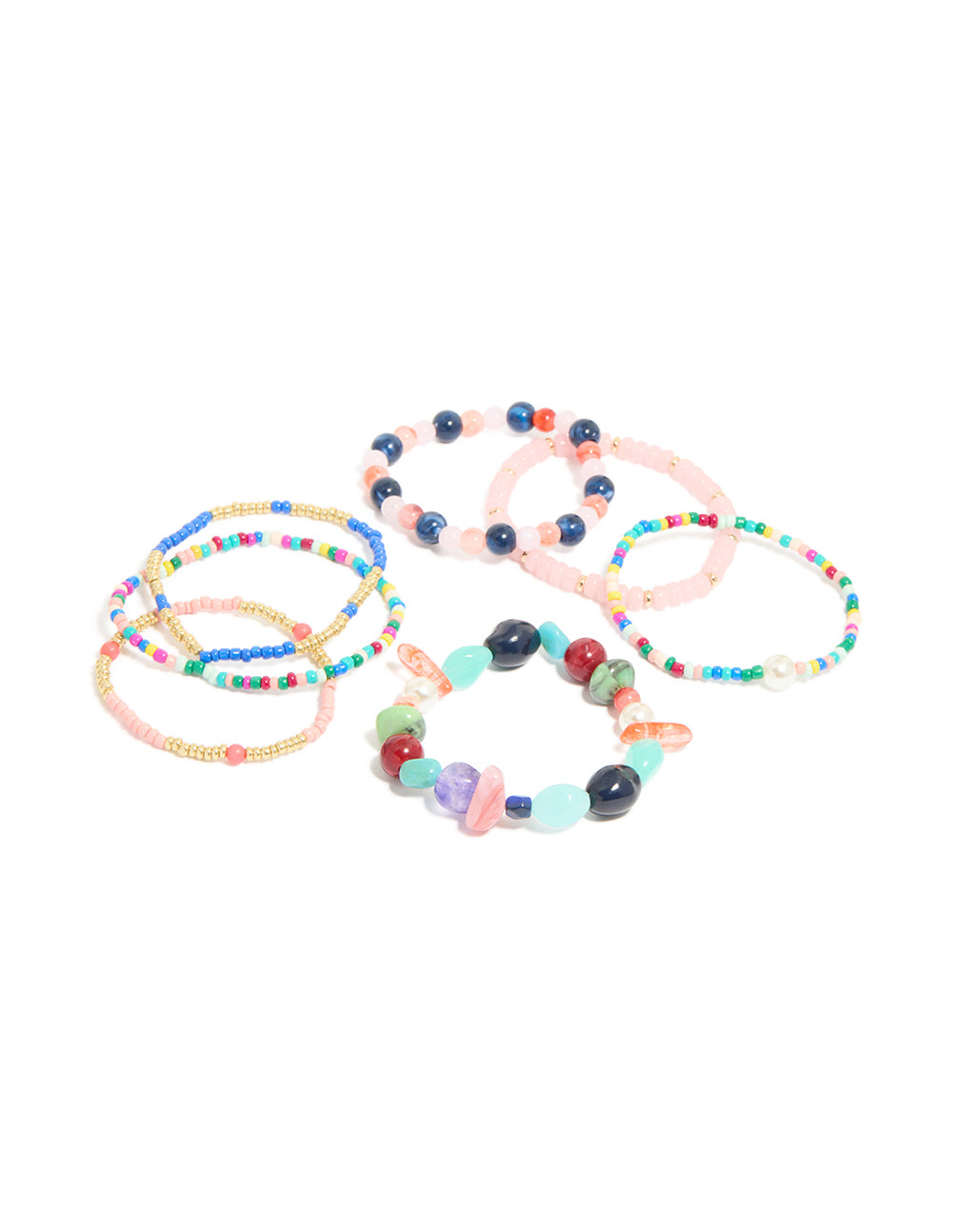 Discover this multicoloured irregular beaded stretch bracelet 7-pack featuring pearl accents in light pink, turquoise, navy and gold in front view