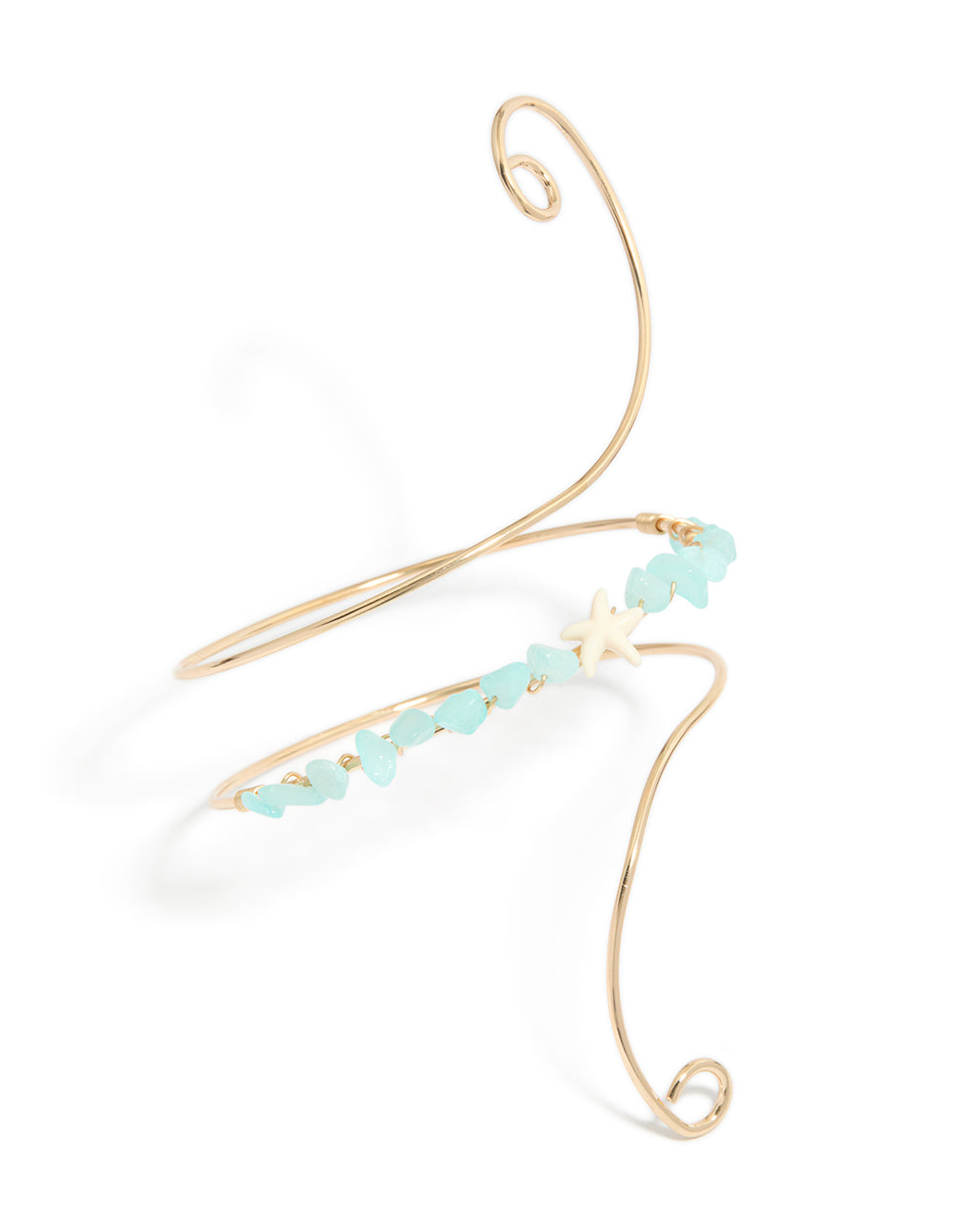 Introducing a gold turquoise semi precious stones arm cuff with beads and ocean-inspired starfish in statement style in front view