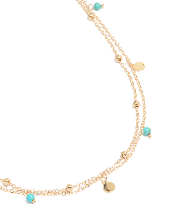 Gold Turquoise Semi Precious Stone & Gold Ball Layered Waist Chain
