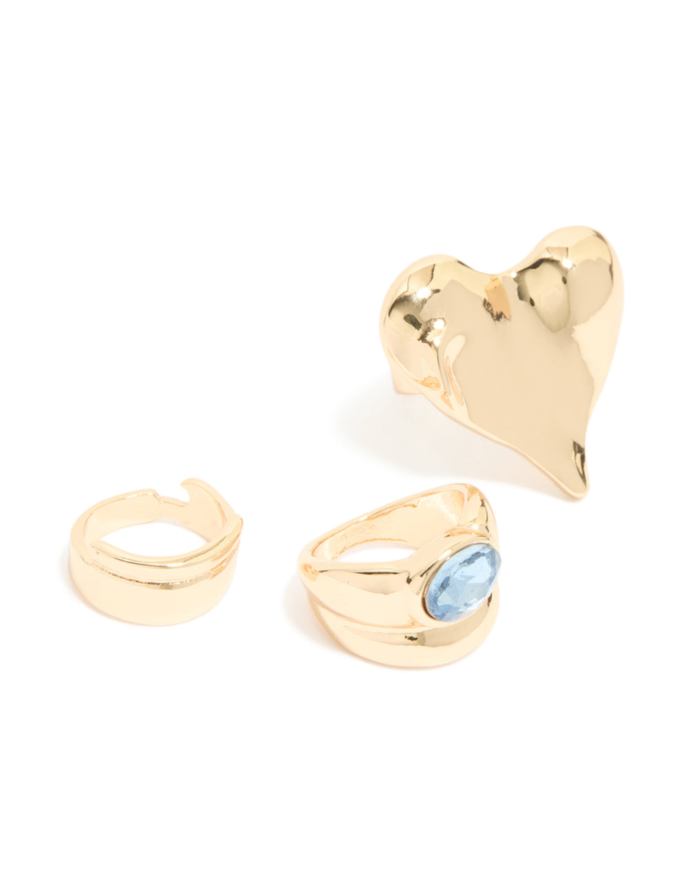 Gold Blue Gem & Heart Rings  3-Pack