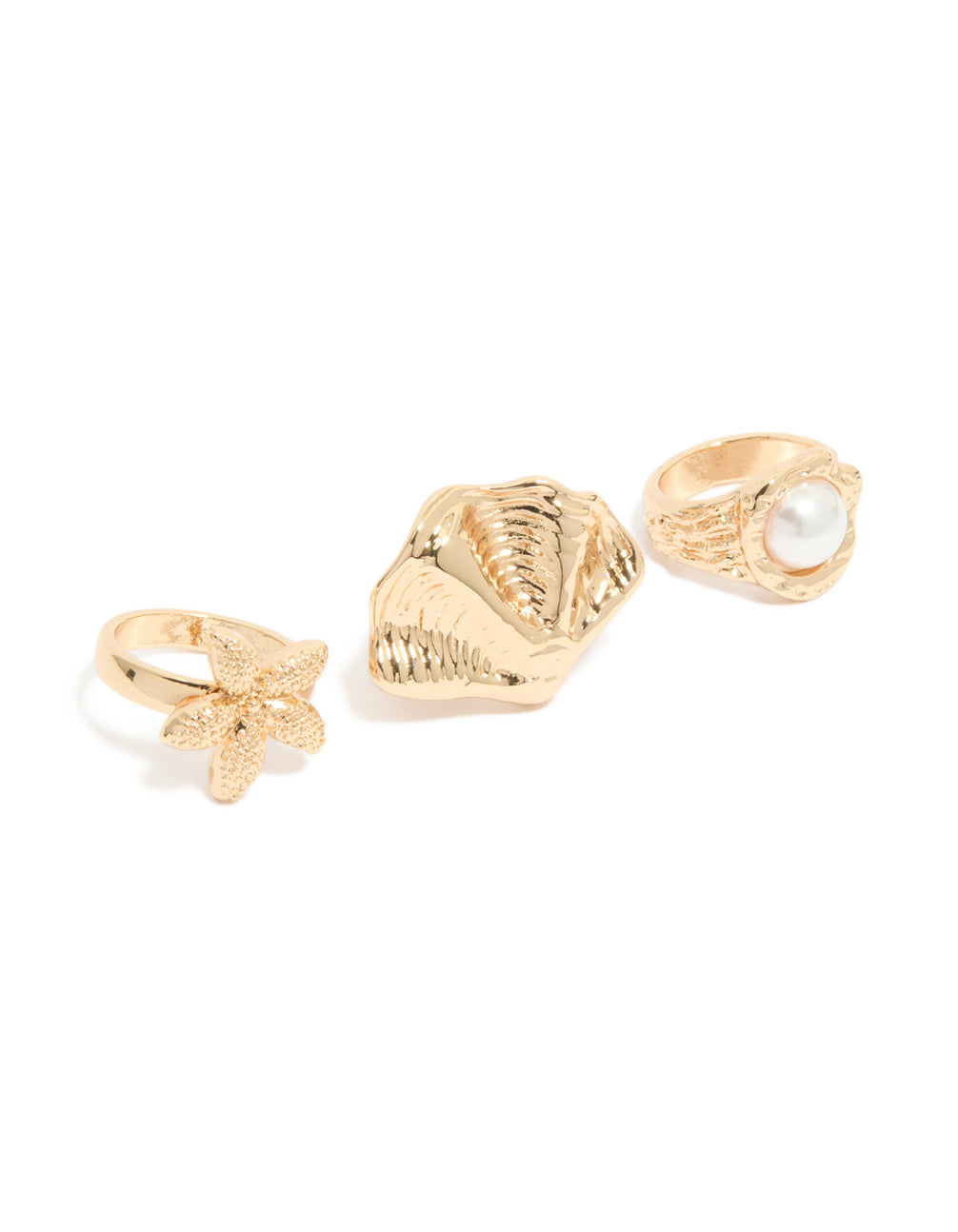 Gold Textured Starfish & Shell Rings 3-Pack
