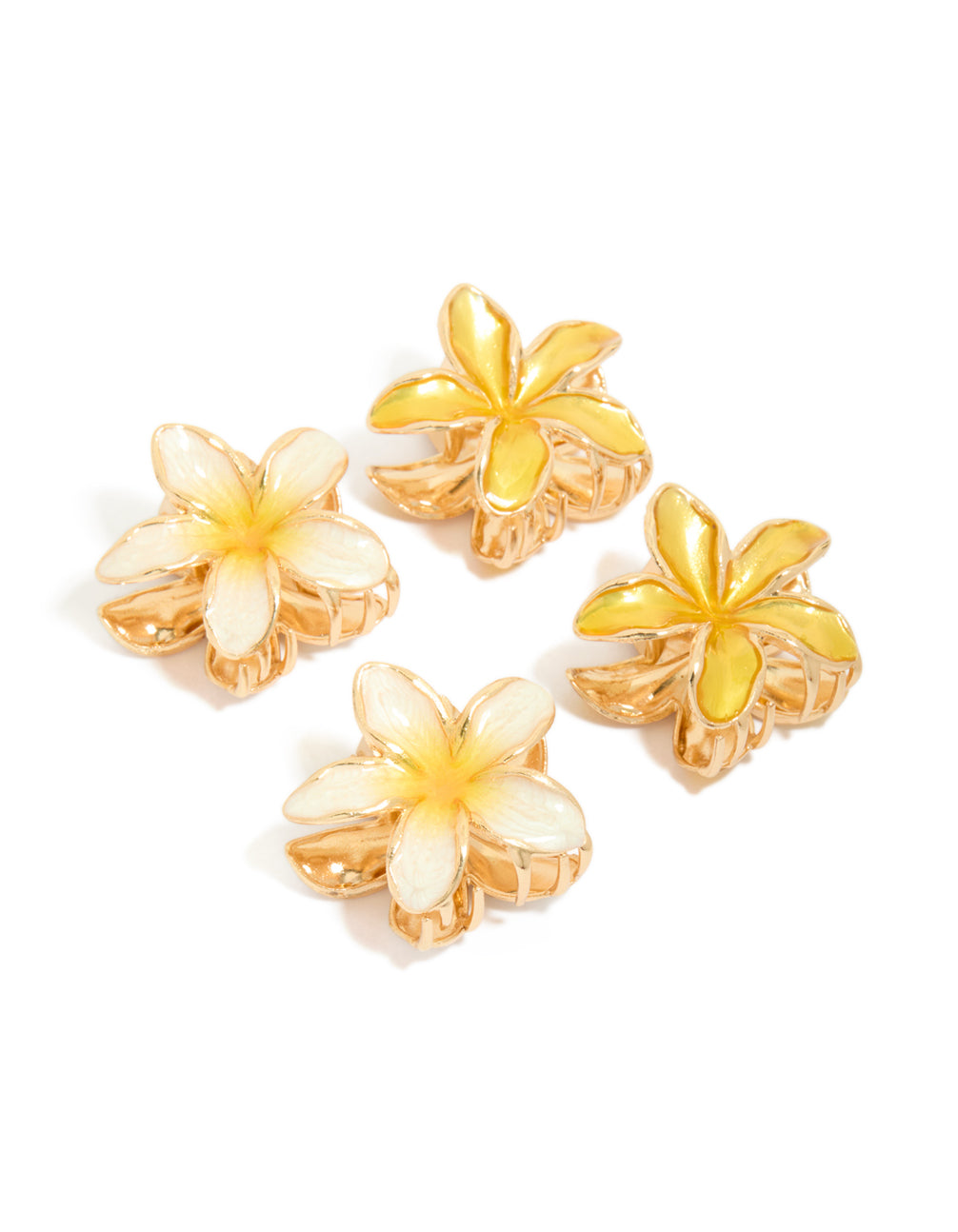 Showcasing small yellow enamel frangipani flower claw clips in a 4-pack in gold detailing front view