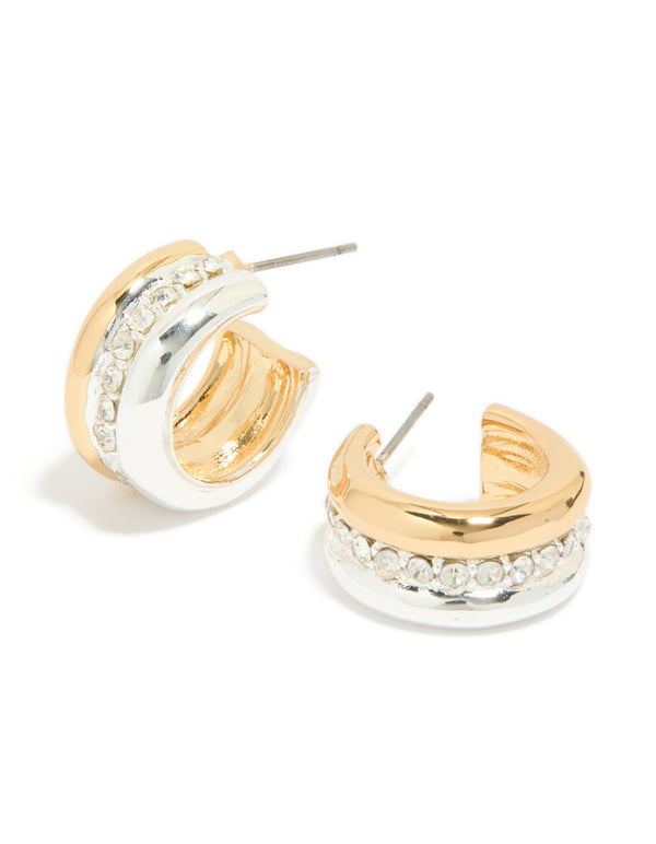 Mixed Metal Plated Cubic Zirconia Detailed Huggie Earrings