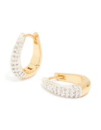 Featuring mixed metal plated small cubic zirconia teardrop huggie earrings with hoop closure in gold front view - link has visual effect only