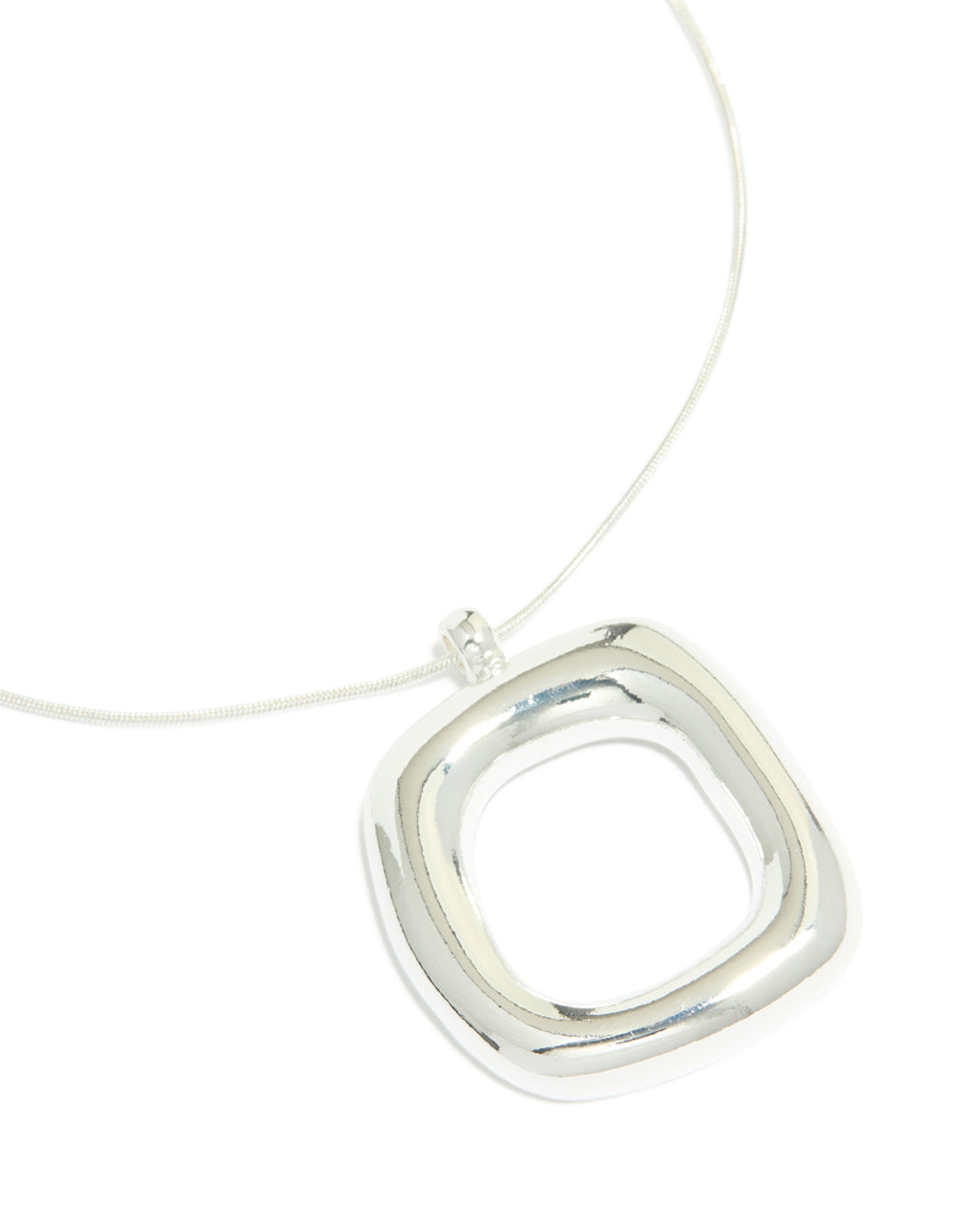 Elegant silver plated puffy square pendant necklace close up view