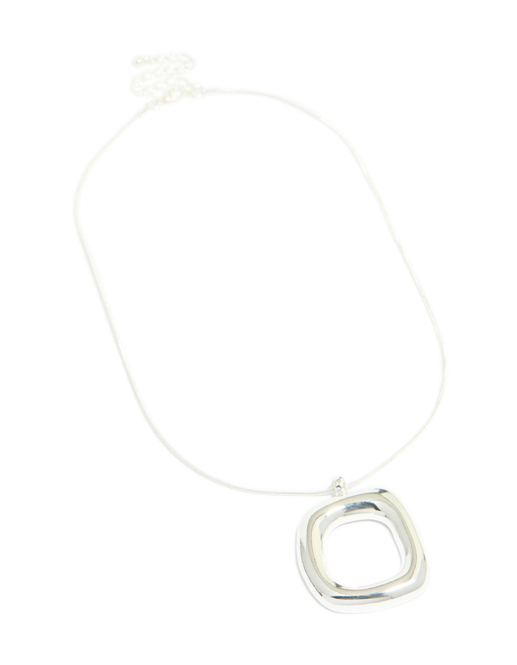 A silver plated puffy square pendant necklace front view