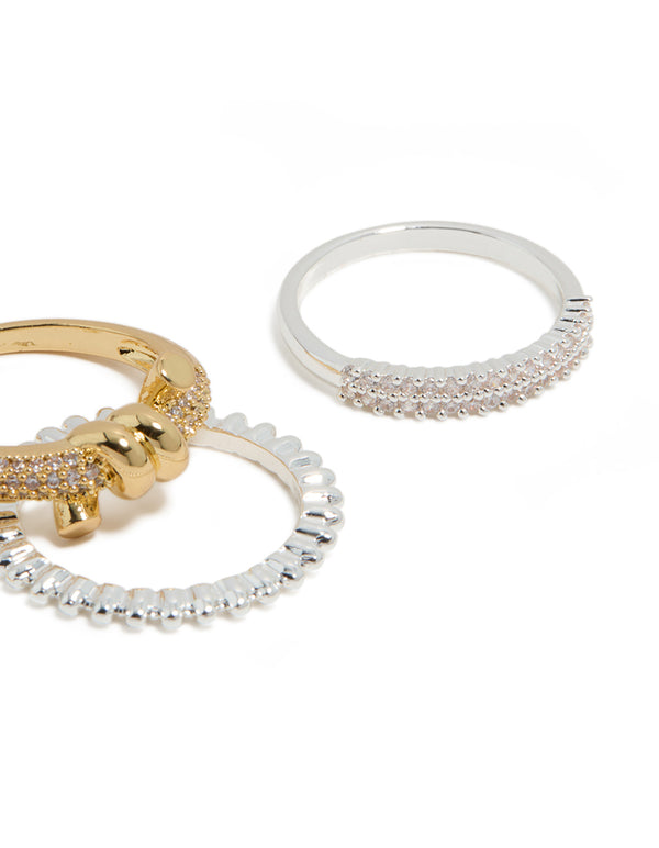Mixed Metal Plated Cubic Zirconia Knotted Textured Rings 4-Pack
