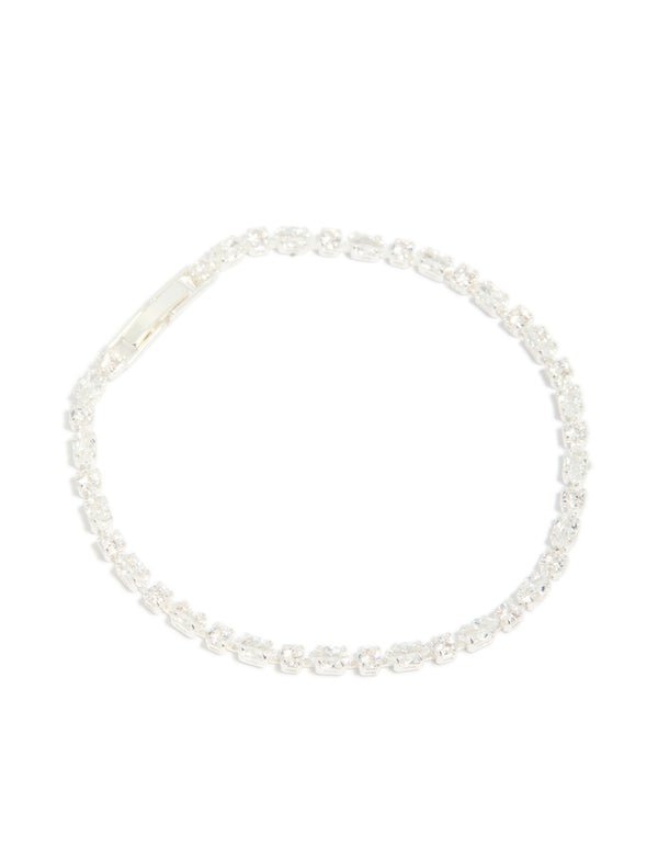 Elegantly designed silver plated cubic zirconia dainty oval tennis bracelet in front view