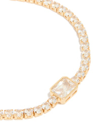 Detailed view of gold plated cubic zirconia rectangle tennis bracelet highlighting stone settings in close up view - link has visual effect only