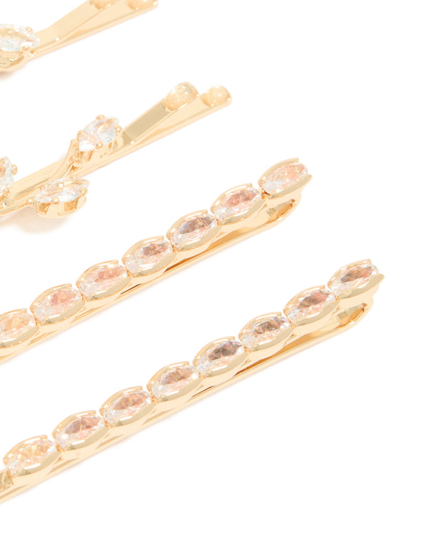Crafted from cubic zirconia with floral design in gold, these clips are shown as a 4 pack detail view