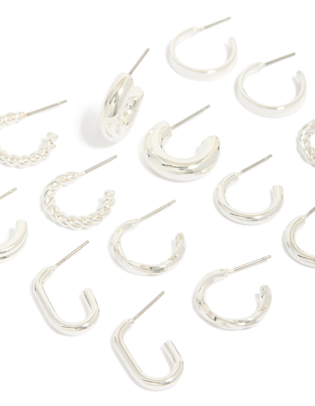 Silver Twist & Rectangle Hoop Earrings 8-Pack
