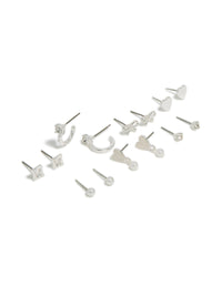 Silver Heart & Pearl Studs Earrings 7-Pack - link has visual effect only