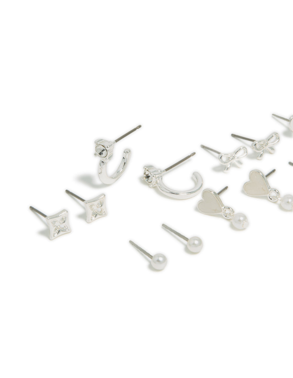 Silver Heart & Pearl Studs Earrings 7-Pack
