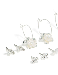 Silver Bee & Pearlised Flower Earrings 8-Pack - link has visual effect only