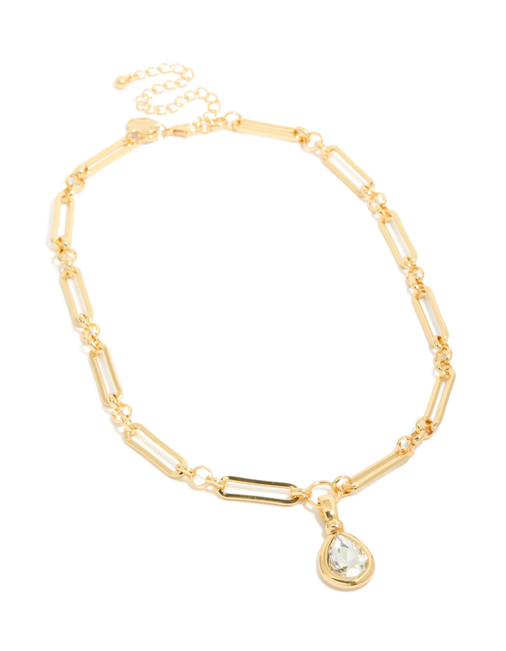 Stunning gold plated diamante bezel teardrop chain necklace front view
