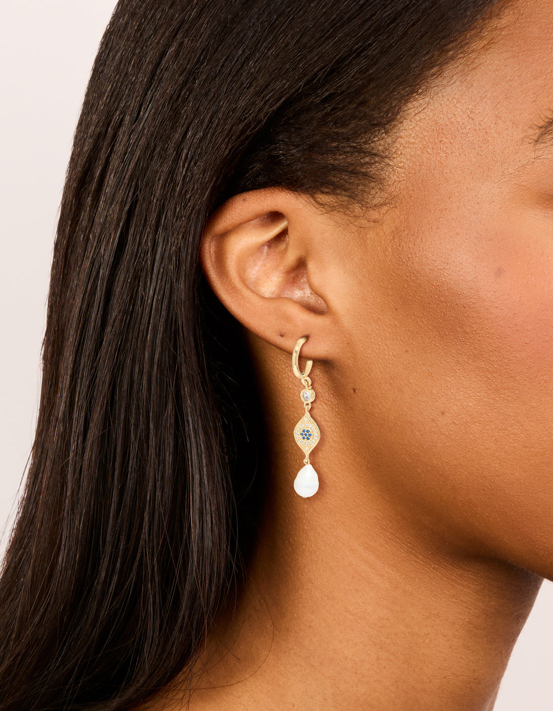 Gold Plated Cubic Zirconia Evil Eye Pearl Drop Earrings