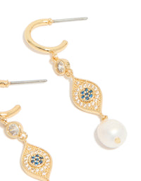 Gold Plated Cubic Zirconia Evil Eye Pearl Drop Earrings - link has visual effect only