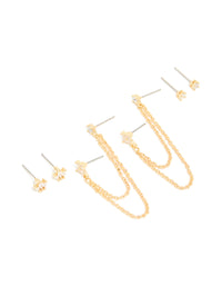 Gold Plated Cubic Zirconia Double Chain & Stud Stacker Earrings 3-Pack - link has visual effect only