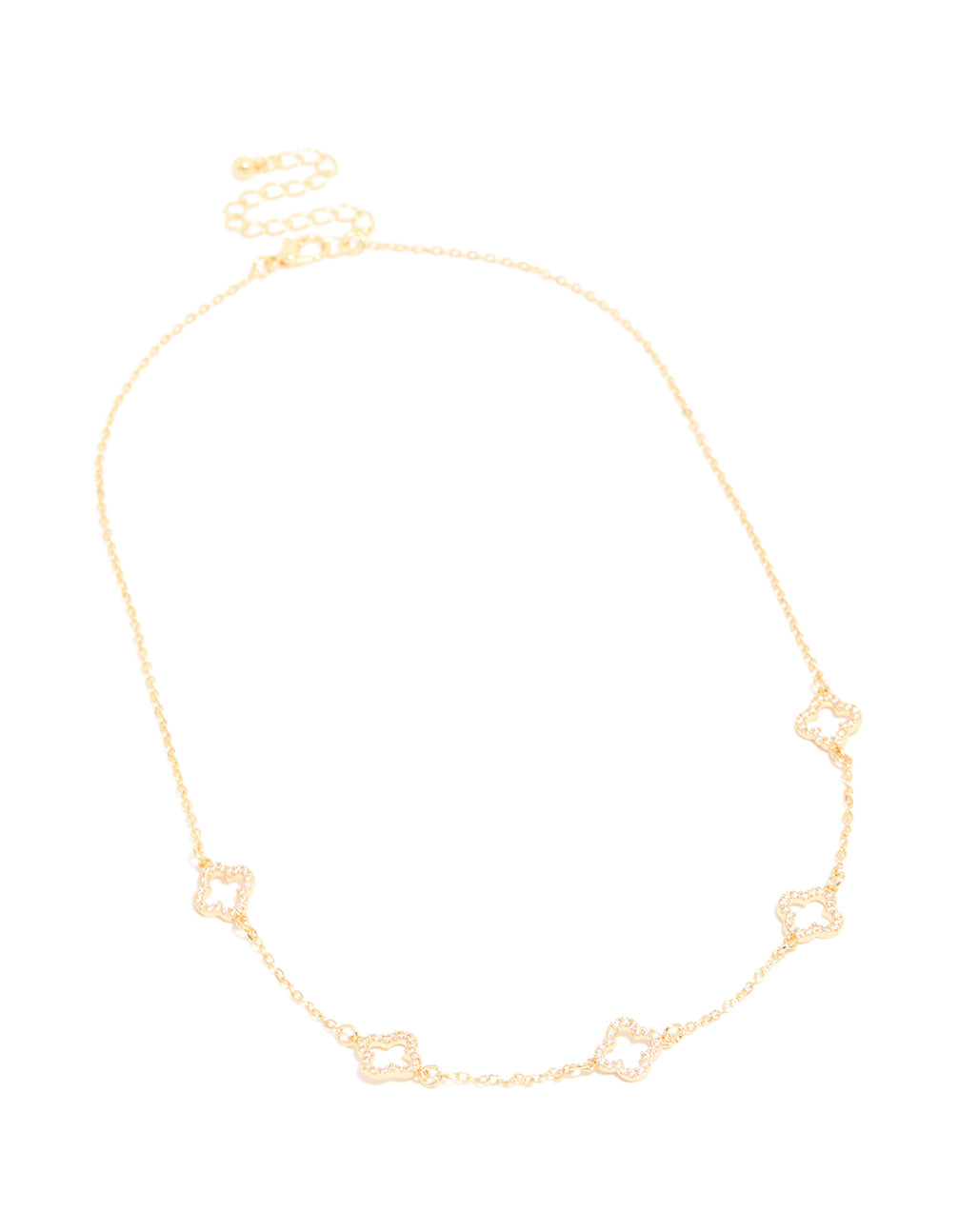 This gold plated necklace design features cubic zirconia flower charm front view