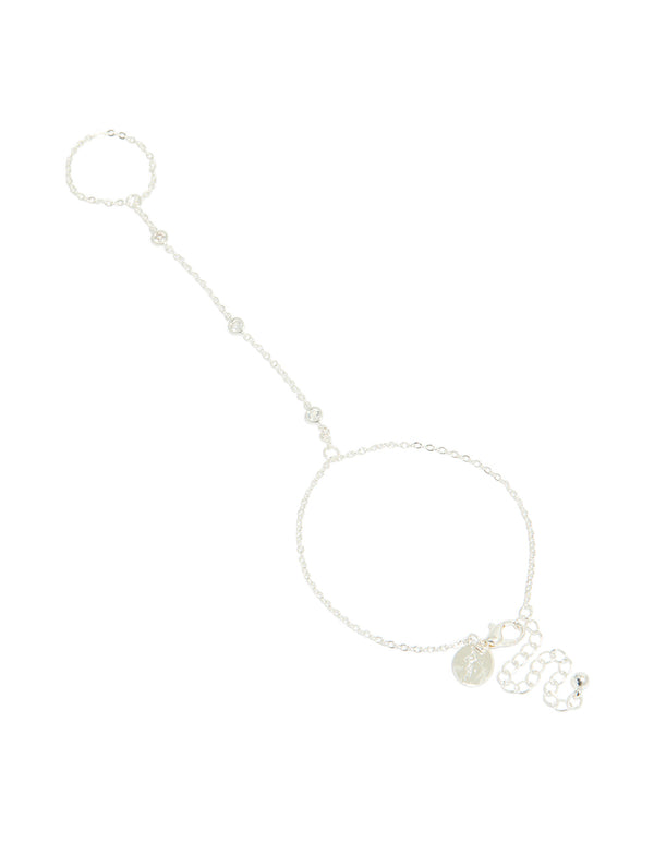 Showcasing a silver plated hand chain bracelet featuring cubic zirconia front view
