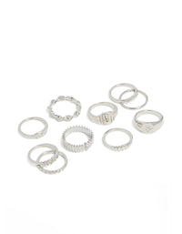 Discover silver signet ribbed and twist rings 10-pack featuring celestial star details in statement style front view - link has visual effect only