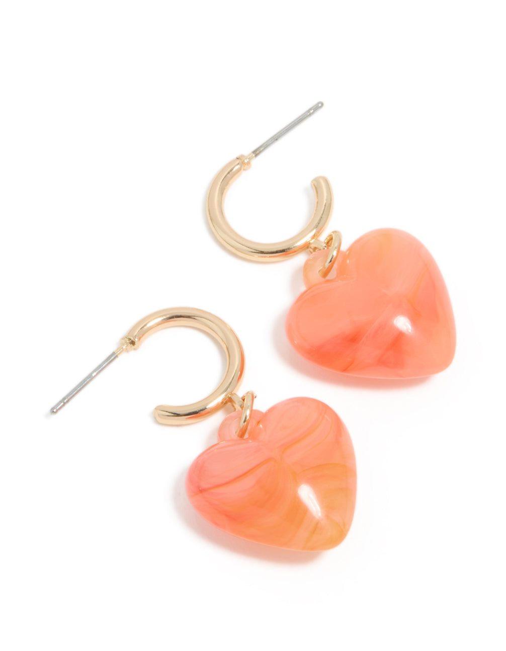 Gold Marble Peach Orange Heart Drop Earrings