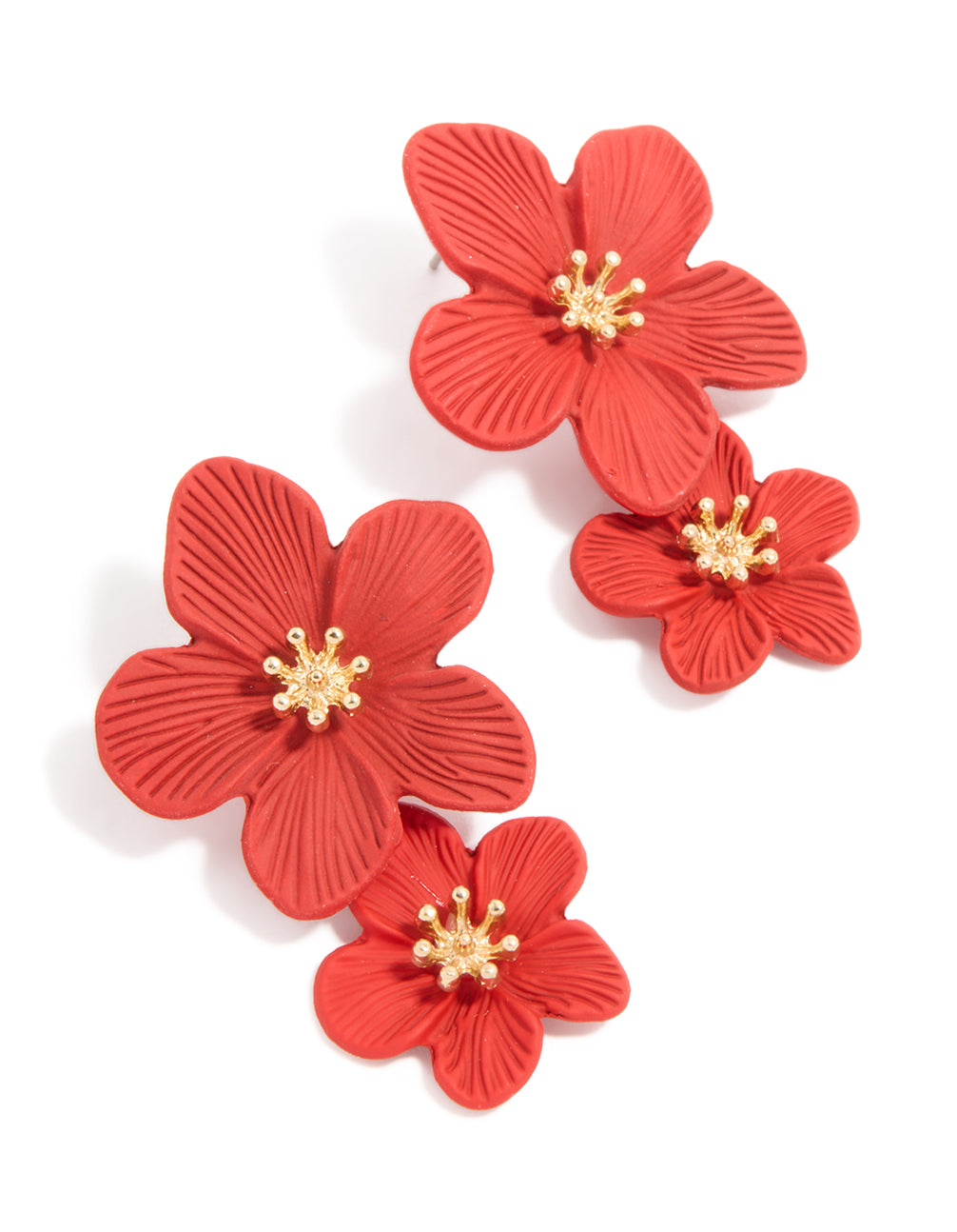 Gold Double Red Flower Earrings