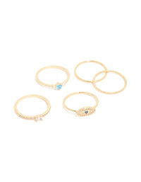 Gold Plated Cubic Zirconia & Evil Eye Rings 5-Pack - link has visual effect only