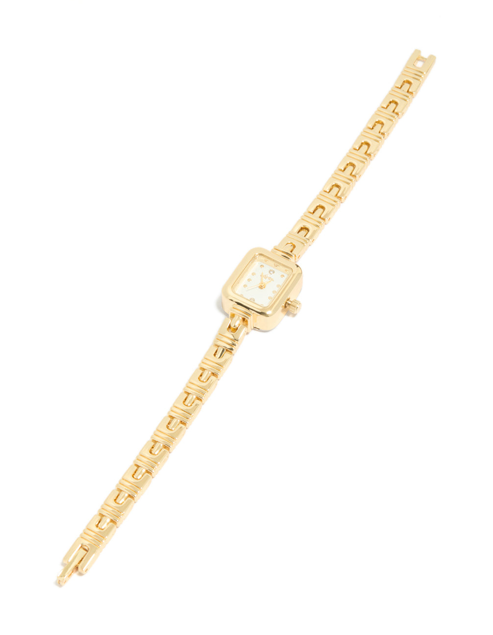 Elegant gold Egyptian link mini watch featuring a white rectangle dial, crafted for women in a dainty casual analog style front view