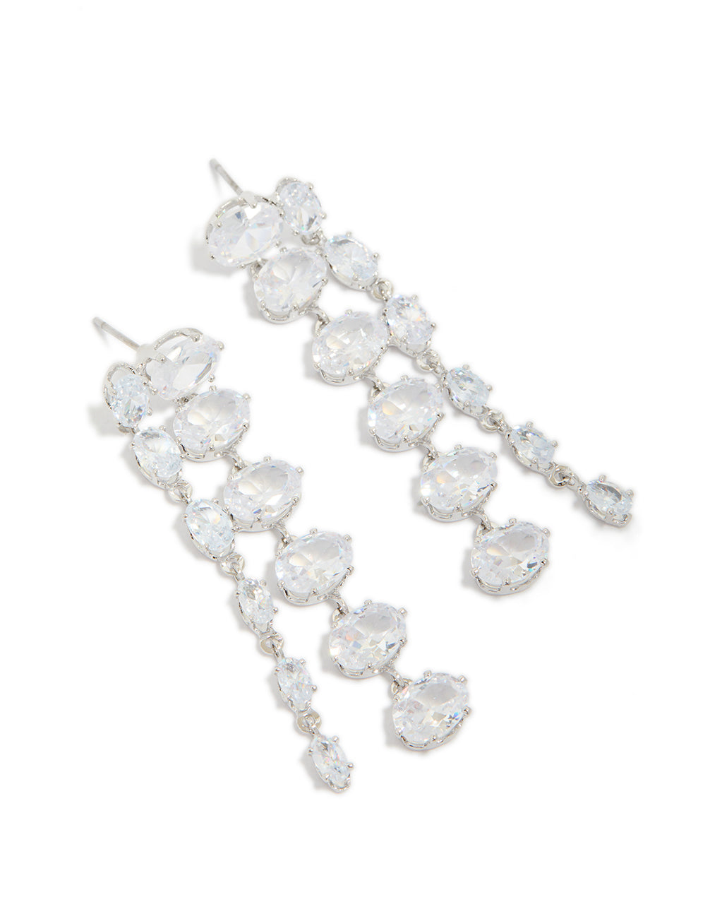 Silver Cubic Zirconia Oval Layered Drop Earrings
