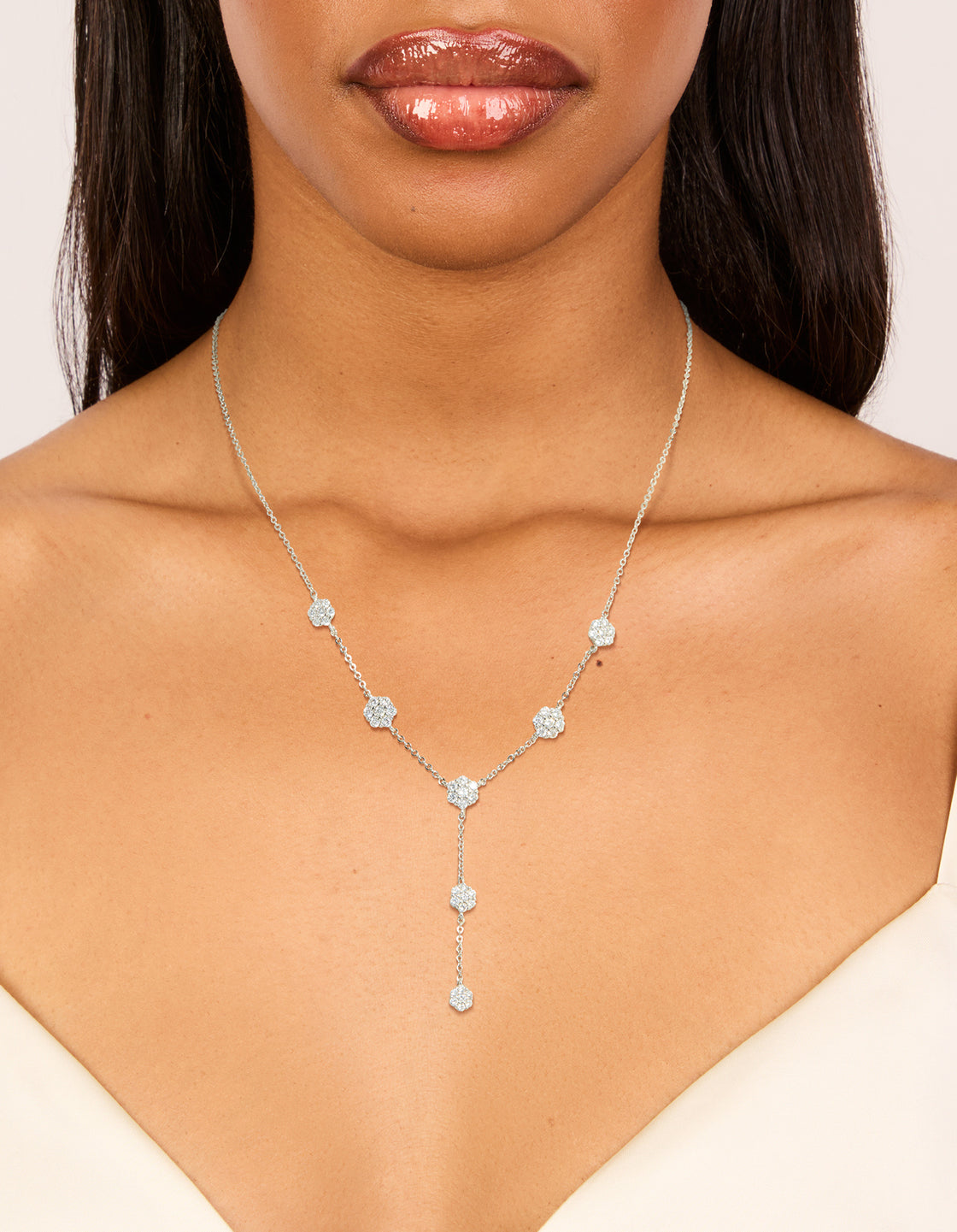 Silver Cubic Zirconia Mini Floral Y Necklace