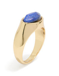 Showcasing a gold plated chunky ring featuring blue and white moody stone front view - link has visual effect only