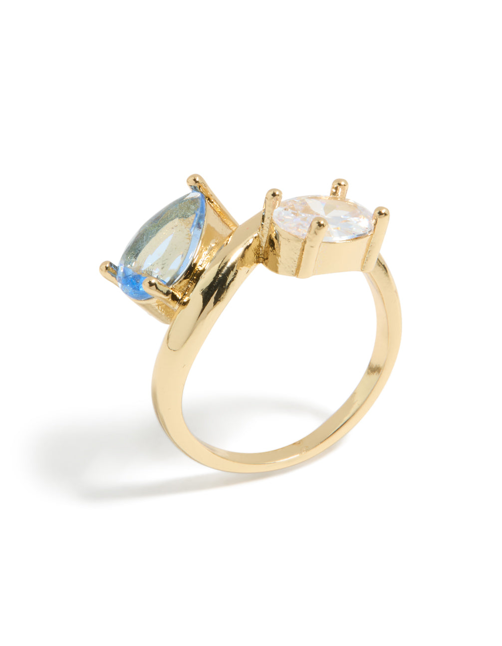 Gold plated ring with clear and blue cubic zirconia front view