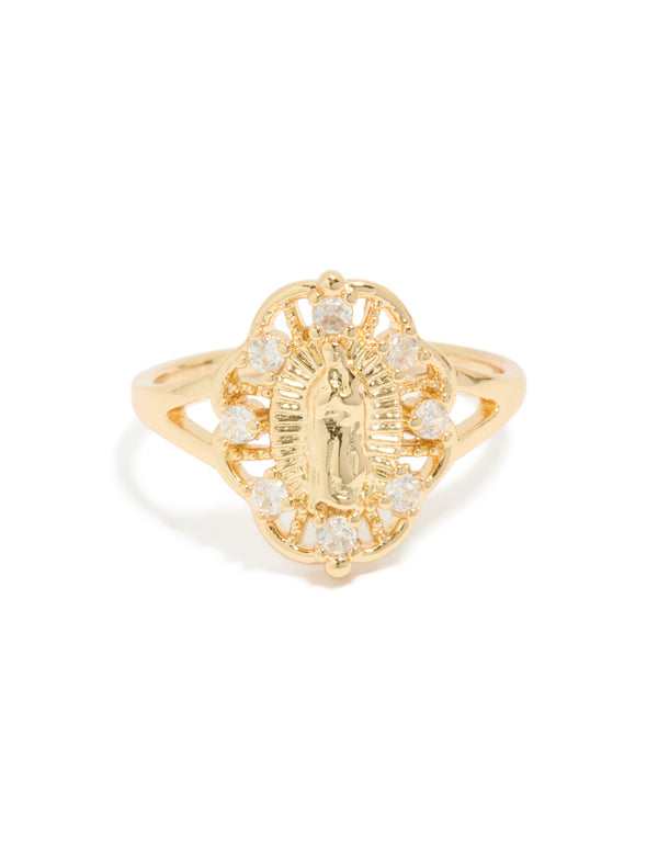 Gold Plated Diamante Mother Mary Motif Ring