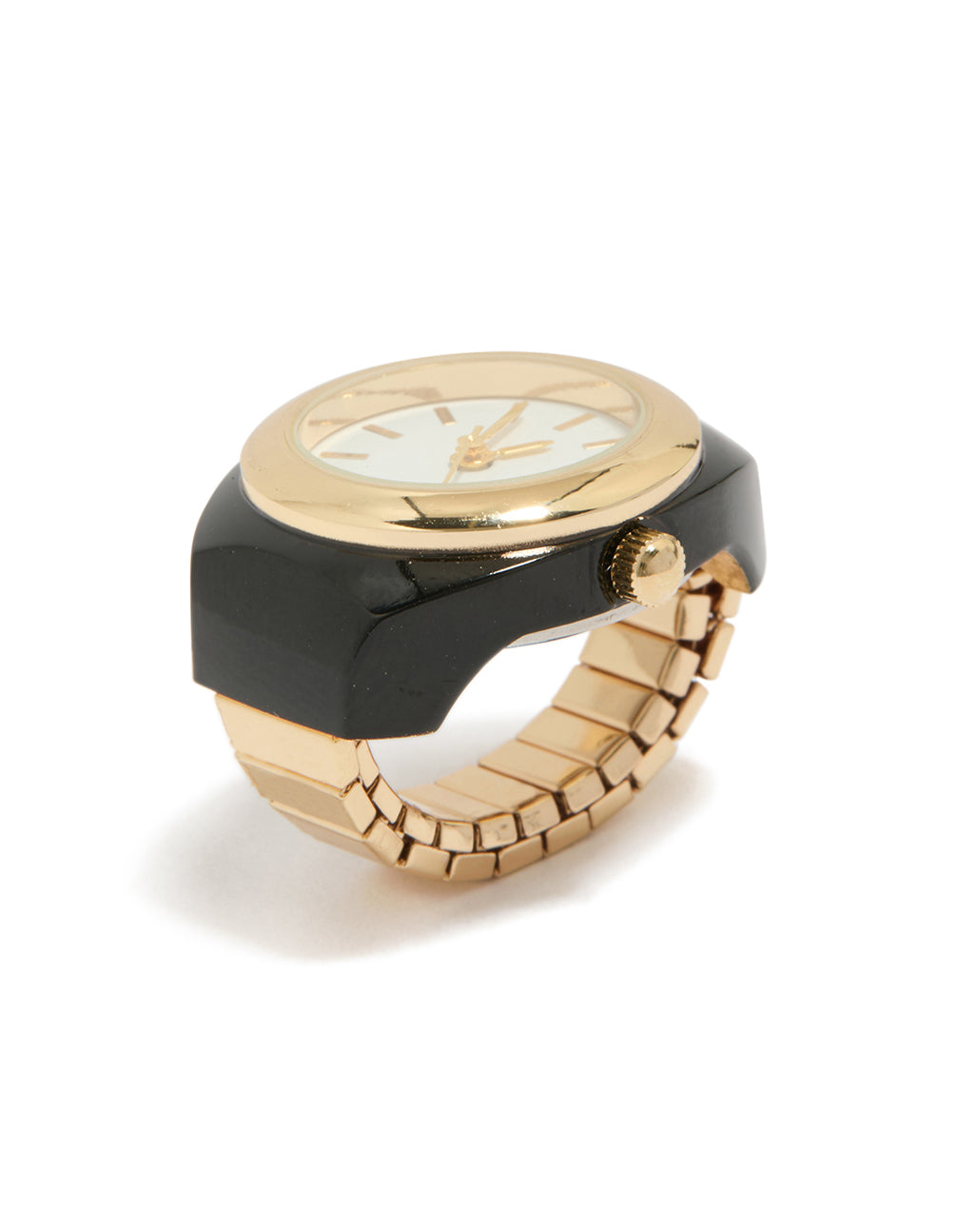 Elegant ring watch with white dial round shape women's casual analog style in gold front view