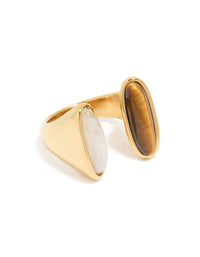Waterproof Gold Plated Stainless Steel Open Double Stone Ring - link has visual effect only