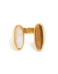 Waterproof Gold Plated Stainless Steel Open Double Stone Ring - link has visual effect only