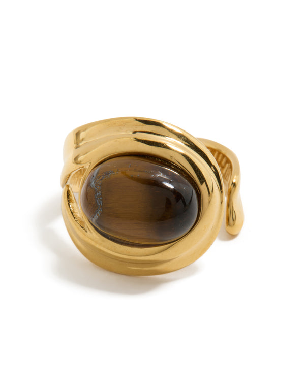 Waterproof Gold Plated Stainless Steel Brown Marble  Oval Ring
