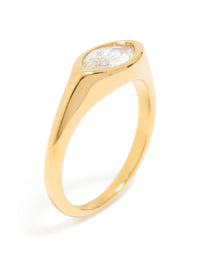 Showcasing waterproof stainless steel statement signet ring accent, featuring cubic zirconia in gold plated finish side detail view - link has visual effect only