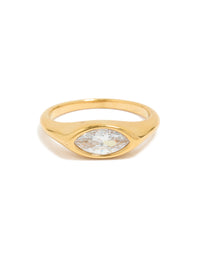Stunning waterproof stainless steel statement signet ring design, featuring cubic zirconia in gold plated finish front view - link has visual effect only