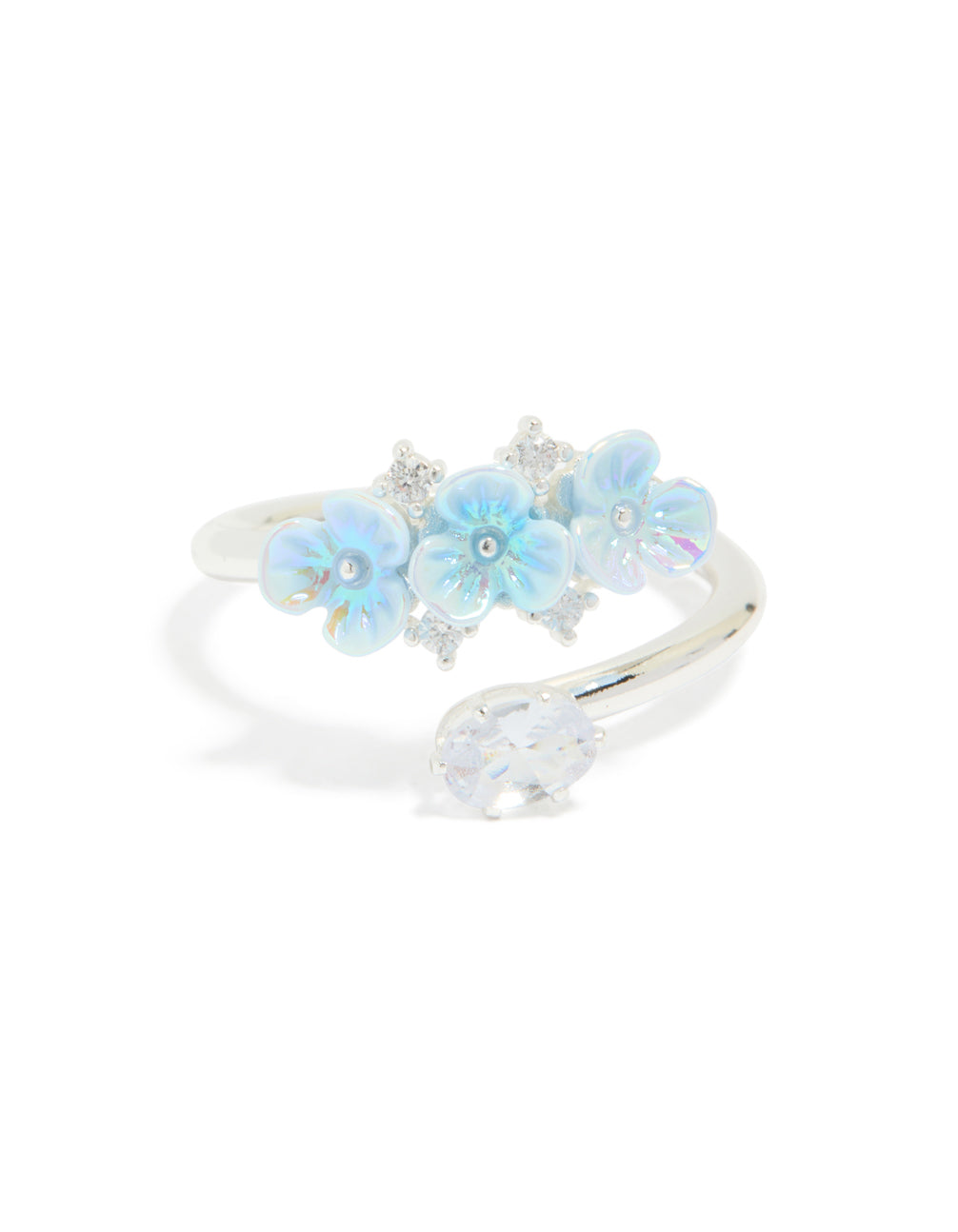 Highlighting the silver plated triple flower wrap ring in powder blue and statement style front view