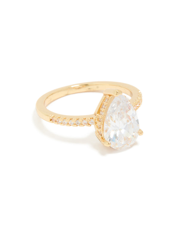 Gold Plated Solitaire Pear Cubic Zirconia Textured Ring