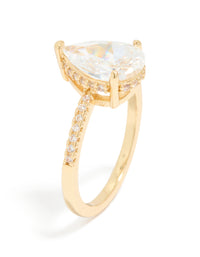 Gold Plated Solitaire Pear Cubic Zirconia Textured Ring - link has visual effect only